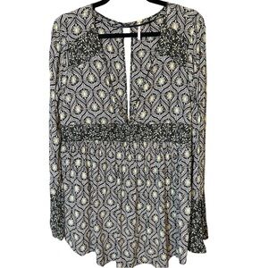 Free People Rolling Hills Deep V-Neck Back Slit Boho Babydoll Blouse Top Med EUC